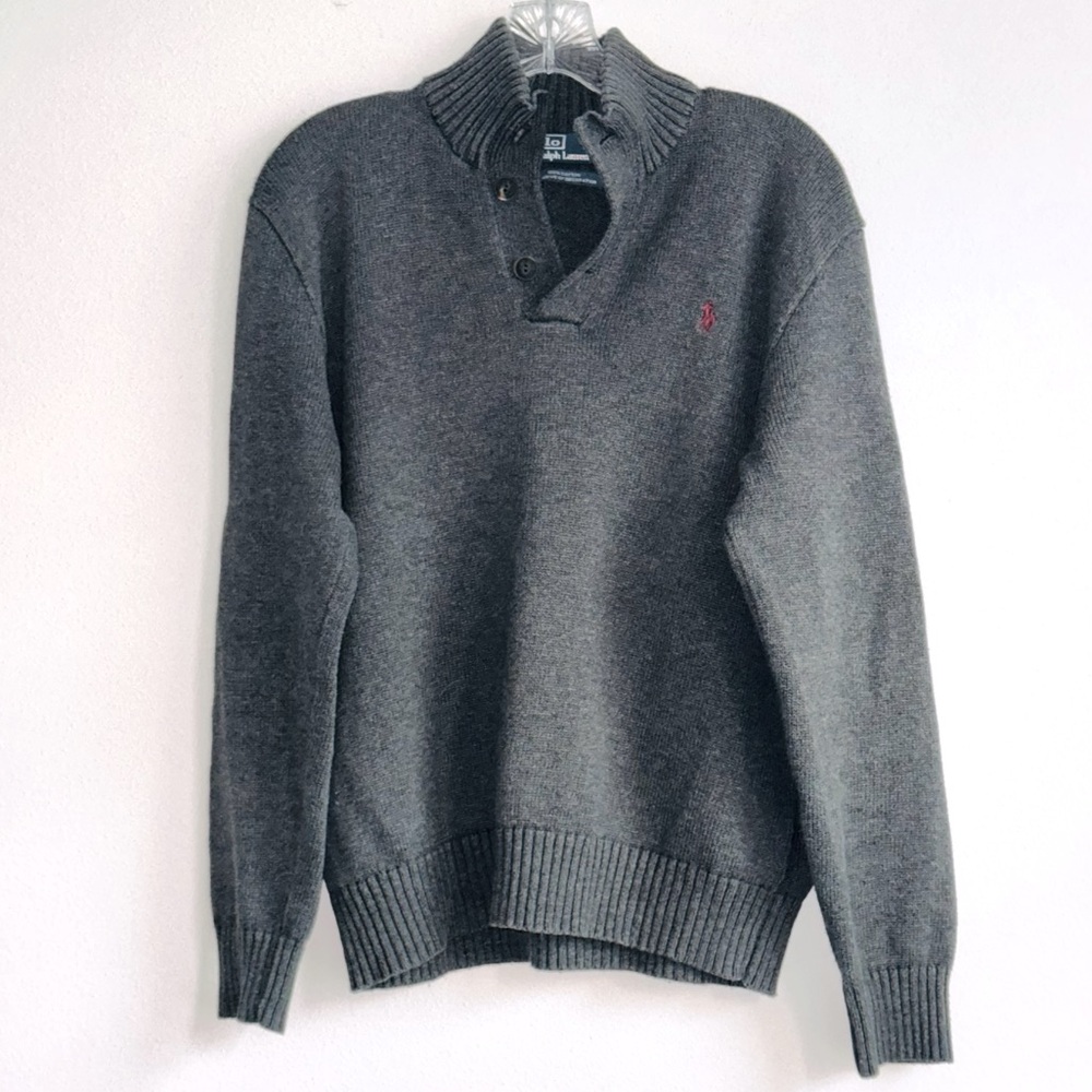Vintage Polo Ralph Lauren Mens Henley Mock Neck Cotton Knit M Gray Maroon Pony
